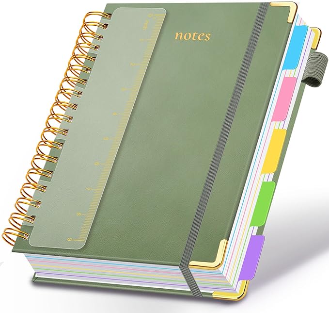 Hardcover Spiral Notebook 8"x10" Journal Notebook with Tabs and Removable Dividers 300 Pages 5 Subject Notebook College Ruled, Faux Leather Spiral Bound Notebook for Women School Work (Sage Green)