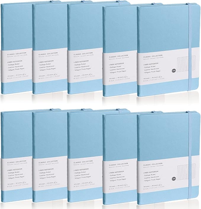 EMOMAS Lined Journal Notebook, 10Pack Hardcover Notebook for Men & Women – Journals for Writing, Work, School, Home & Daily Notes, 160 Pages – Medium A5, 5.7"x8", 100 gsm Thick Paper (Sky Blue)