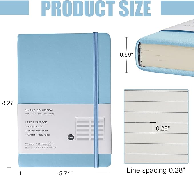 EMOMAS Lined Journal Notebook, 6Pack Hardcover Notebook for Men & Women – Journals for Writing, Work, School, Home & Daily Notes, 160 Pages – Medium A5, 5.7"x8", 100 gsm Thick Paper (Sky Blue)