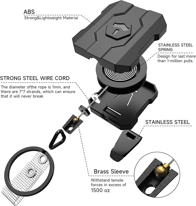 VYNCS Retractable Keychain Badge Holder with Belt Clip, Heavy Duty Carabiner ID Badge Clip Reel, 32” Steel Retractable Cord, 10 oz Rebound，1pcs Black Belt Clip