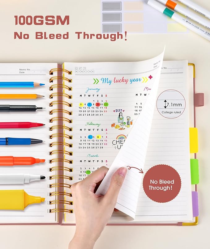 Hardcover Spiral Notebook 8.5"x11" Journal with Removable Dividers Tabs, 300 Pages Leather 5 Subject Notebook College Ruled, Large Notebooks for Work School, Lined Journal for Women, A4 Rose gold