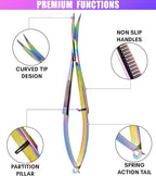 Cross Edge Curved Spring Scissors 5 Inch Stainless Steel Precision Eyebrow & Eyelash Shaping & Trimming Scissor, Snips Squeeze, Embroidery, Knitting Micro Tip Craft Scissors (Rainbow)