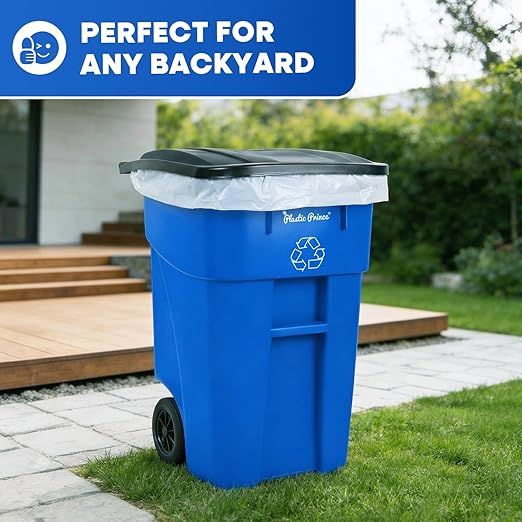 Plastic Prince 50 Gallon Trash Can with Lid Rollout Recycling Bin Large Outdoor, Commercial Heavy-Duty Container with Wheels, Blue