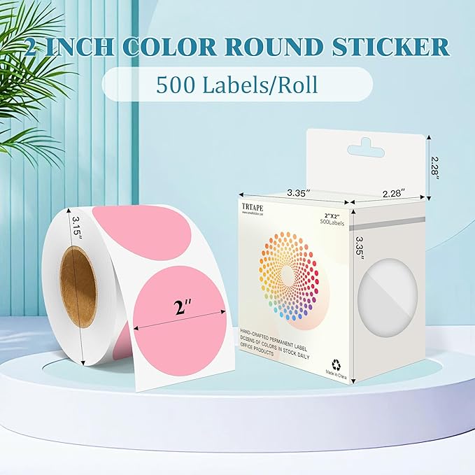 2 Inch Round Color Coding Labels (500 Count) - Pink Dot Stickers Circle Labels with Dispenser Box for Warehouse, Filing, Industrial, Office Organization