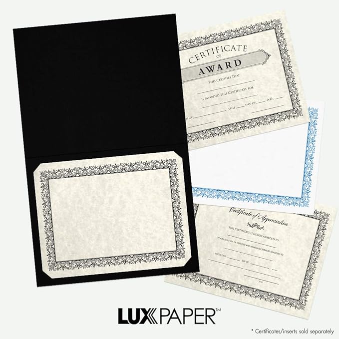 LUXPaper 9.5" x 12" Certificate Holders | Black Linen | Embossed Gold Foil Border | 100lb. Cover | 100 Qty