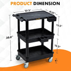 ELAFROS 3-Tier Utility Cart with Flat Top and Deep Shelves, 27.5 x 18.25, Compact Rolling Cart with 4" Wheels, Heavy-Duty Plastic, 330 lbs Capacity for Office, Workshop, Warehouse