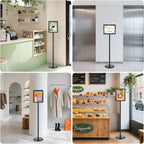RedChili 2 Pack Sign Holder Stand 8.5x11 Inch, Adjustable Floor Standing Sign Holder Signage Stand with Aluminum Snap-Open Frame Vertical Horizontal View Display For Malls Schools Restaurants (Black, Round Corner)