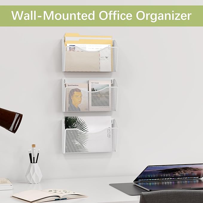 EasyPAG 3 Single Pocket Wall File Organizer, Mesh Hanging File Folder Organizer for Letter/A4 Size Folders, Wall Mounted Vertical Mail Holder for Paperwork, Office, Home, School, White