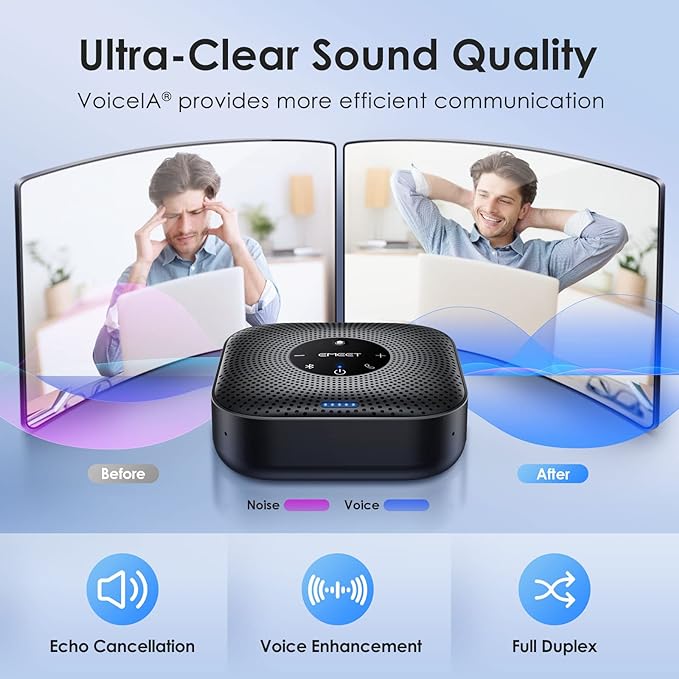 EMEET Conference Speakerphone M0 Plus, 4 AI Mics 360° Voice Pickup, Noise Reduction, USB C Speaker, Bluetooth Conference Speaker for 8 People w/Daisy Chain for 16 Compatible with Leading Software