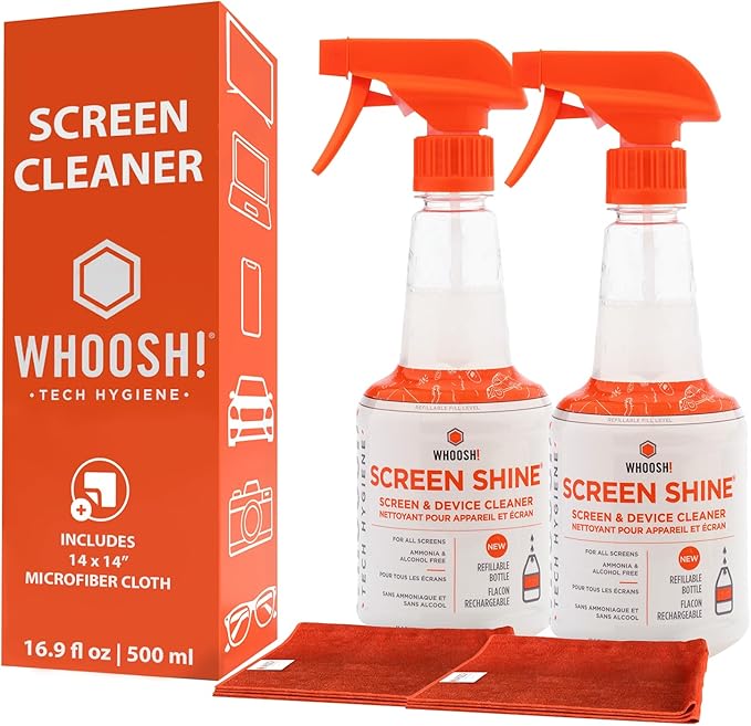 WHOOSH! Pro 16.9 fl oz Refillable TV Screen Cleaner & Microfiber Cloth - Streak-Free Cleaner for Flat Screens, OLED, LCD, Smart TV, Monitors - Non-Toxic, Odorless - Electronics Cleaning Kit, Set of 2