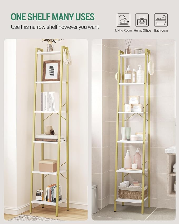 Hzuaneri Ladder Shelf, Bookshelf Bookcase, Freestanding Corner Storage Shelve with 2 Hooks for Home Office, Living Room, Kitchen, Bedroom, Industrial, 11.8" D x 13.4" W x 72.8" H,White Gold BC13313G
