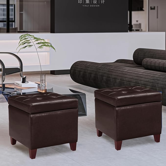 Homebeez Tufted Faux Leather Storage Ottoman Square Cube Foot Rest Stool with Flip Top (Brown)