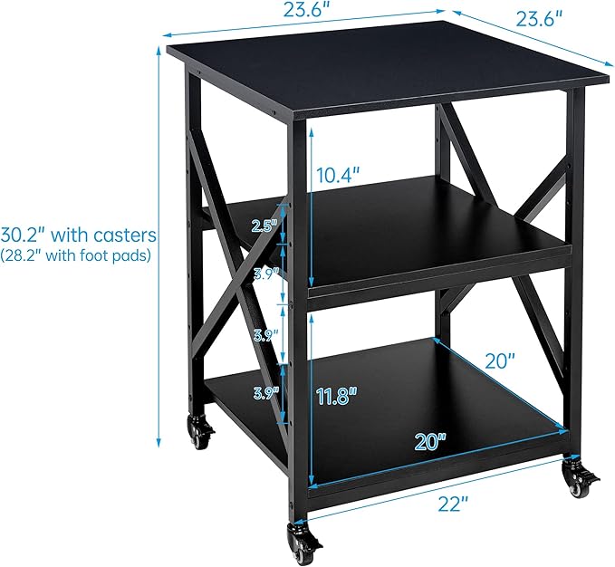 Fannova Printer Stand, 23.6 x 23.6 x 30.1 Inches Large Square Printer Table with Height Adjustable Storage Shelf, 3 Tier Rolling Printer Cart with Industrial Wheels for Home Office - Black