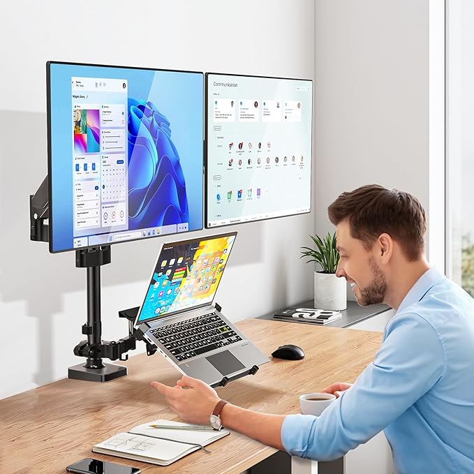 WALI Laptop Mount and Dual Monitor for Max 32" Monitor and 17" Laptop, Adjustable Spring Arm with Tilt, Swivel and Rotation, Dual Monitor and Notebook Stand with VESA 75/100mm(GSDM003LP), Black