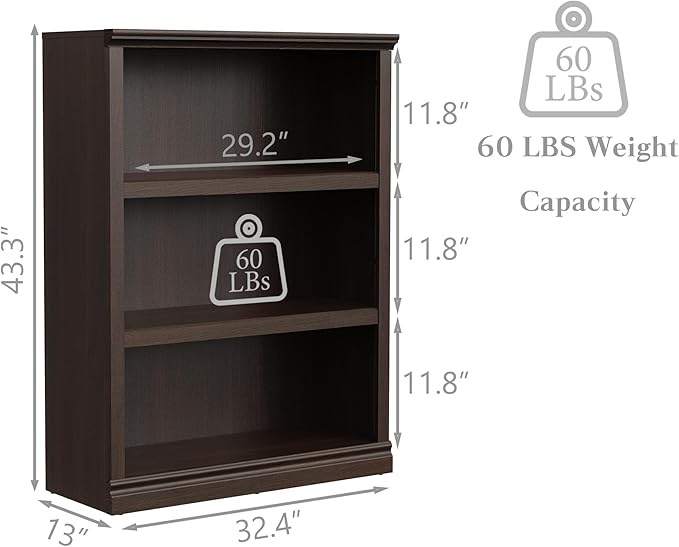 Bevfint 43 in Tall Bookcase, 3-Tier Bookshelf Open Storage, 33 inch Wide Floor Standing Indoor Furniture, Book Cases for Home School Library Office Bedroom Kids, Dark Cherry 3 Tiers