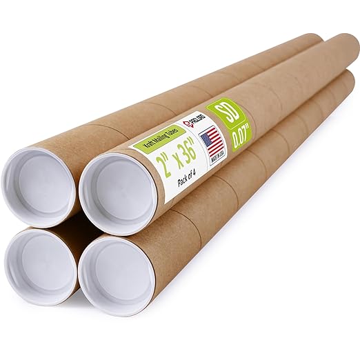 2" x 36" Reinforced Kraft Paper Mailing Tubes, Pack of 4 Tubes with 2 Caps Each – USPS Approved Poster Tube – Made in USA Cardboard Tube for Shipping and Storing Posters, Prints, Artwork, or Documents