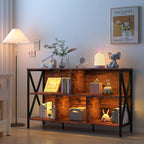Horizontal Bookshelf,Industrial Modern 5 Cube Low Wide Cubby Bookcase with led Light,Long Wood and Metal Storage Organizer Open Shelf, Book Shelf Bedroom Storage for Home Office Living Room(Brown)