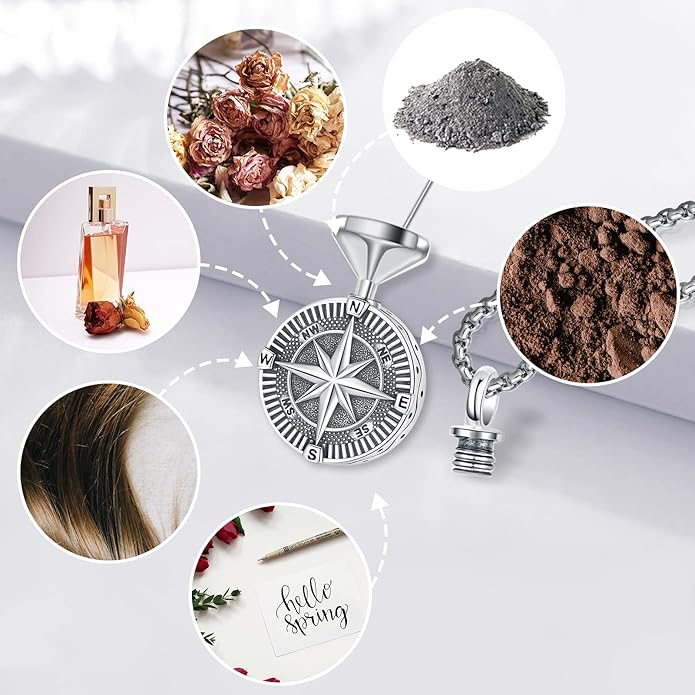 Compass Necklace for Women Men 925 Sterling Silver Pendant Urn Necklaces for Ashes Picture Locket Necklace Anchor Necklace Viking Necklace Crystals CZ Moonstone Abalone Shell Turquoise Compass Jewelry