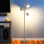 Brightech Jacob LED Standing Lamp, Modern Bright Floor Lamps for Living Rooms & Bedrooms, Tall LED Lighting Lamp with Adjustable 3 Light Tree – Satin Nickel