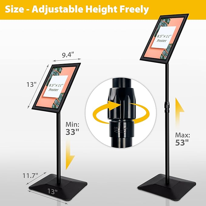 VAIIGO 3 Packs Heavy Duty Pedestal Poster Sign Stand, 8.5"x11" Adjustable Floor Standing Sign Holder with 6.6Lbs Solid Steel Base for Vertical and Horizontal View Sign Displayed Stands, Black