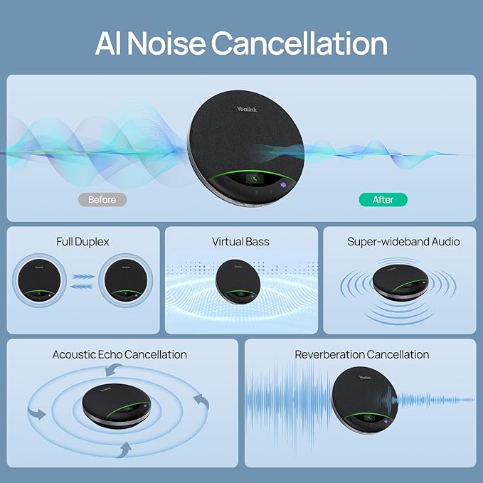 Yealink Bluetooth Speakerphone SP96 with Dongle Support Daisy-Chain 26H Talk Time Teams Certified 65mm Conference Speaker and 6 Microphones Array LCD Screen Smart AI Noise-Canceling