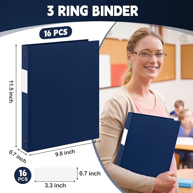 Henoyso 16 Pcs 3 Ring Binder 0.5 Inch Round Fits Letter Size 8.5'' x 11'' Paper Plastic Flexible Binder Bulk Holds 140 Sheets with 1 Pockets Versatile Organizer for Home Office School (Navy Blue)
