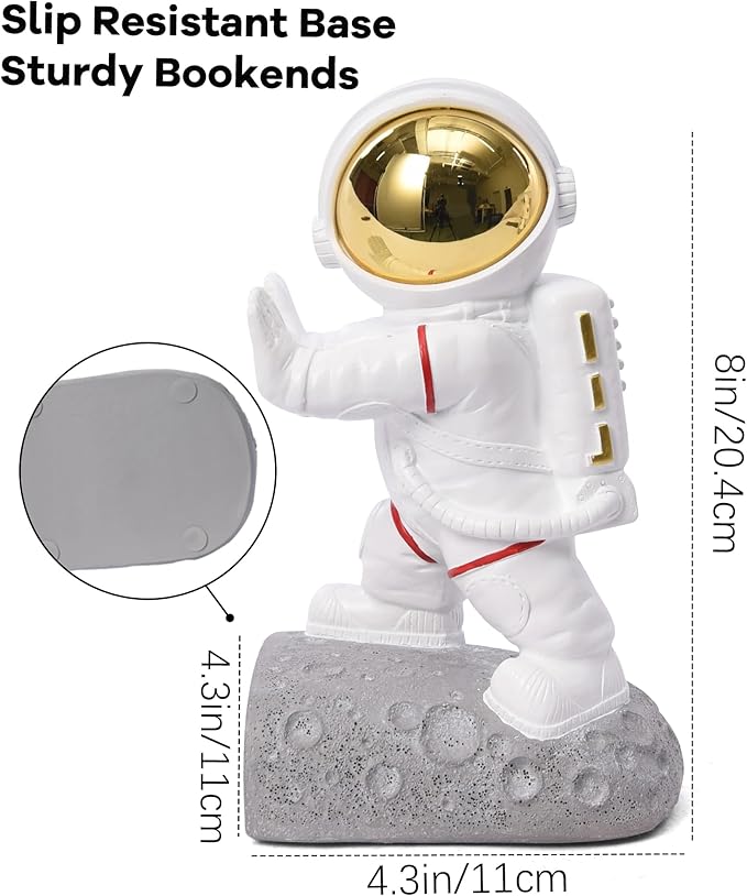 Kakizzy Space Decor Bookends, Resin Astronaut Bookshelf Ends for Kids Rooms Gold Book Ends for Heavy Books Fun Heavy Duty Book End Holder Astronaut Figurine Statue for Office Home Room(D-Gold)