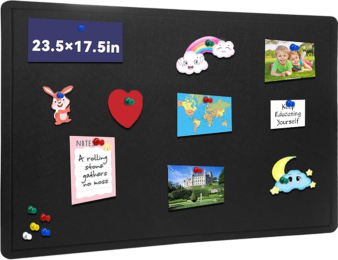 Bulletin Board, 23.5 X 17.5 inches Cork Board with 20 Pushpin, Felt Cork Board Notice Pin Board, Self-Adhesive Vision Board Mood Board Foldable Photo Board for Wall - Black