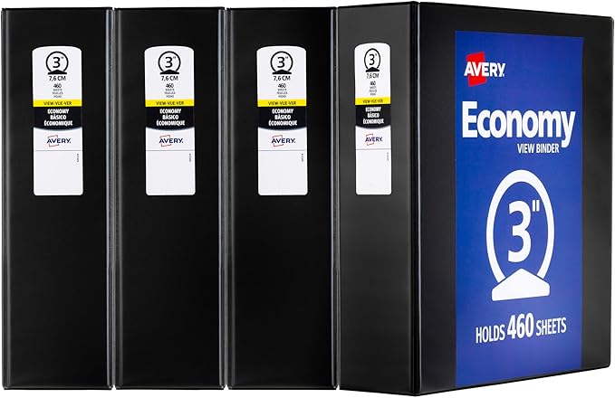 Avery Standard View 3 Ring Binders, 3" Round Rings, 460-Sheet Capacity, 3.5 Inch Wide Spine, Black Binders, Ideal for Lightweight Organization and Occasional Referencing (4-Pack of 03361)