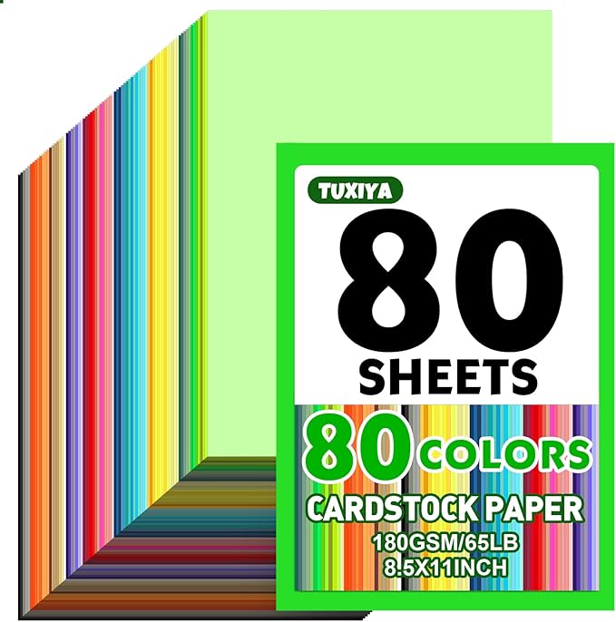 80 Sheets 8.5" X 11" Colored Cardstock, 80 Assorted Colors 180 GSM/65 LB Construction Paper Card Stock Printer Paper for Printing, Card Making, DIY Crafts, Kids School Supplies,Party Decorations
