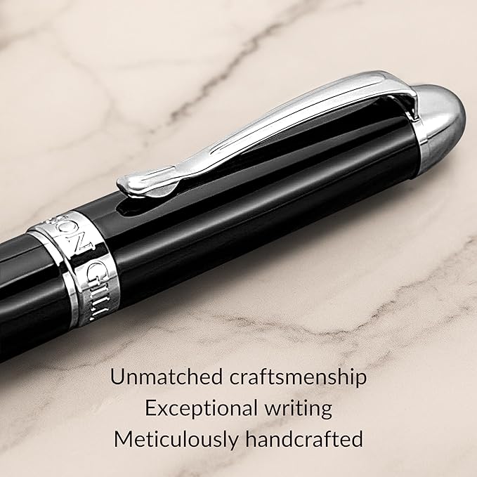 Webson Gill The Boss' Black Luxury Executive Fountain Pen, Polished Lacquer & Chrome, Medium Nib, Smudge Free No Bleed, Use Any Fountain Ink with Included Converter, Fits Cartridges (sold separately)