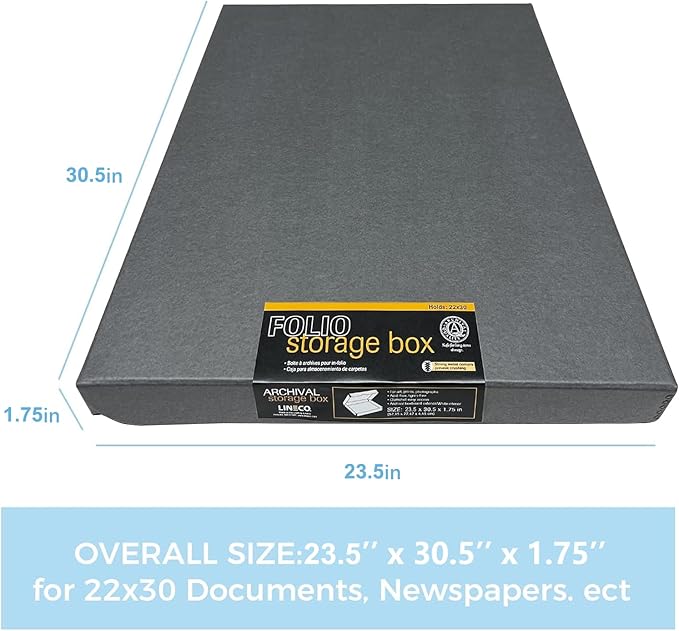 Lineco Folio Storage Box, Clamshell Design with Metal Edge. 23.5x30.5x1.75 in, Archival Boxboard, Preserve Photos, Prints, Cards, Magazines, Documents, Art, Ephemera, Family Records, Gray, Pack of 2