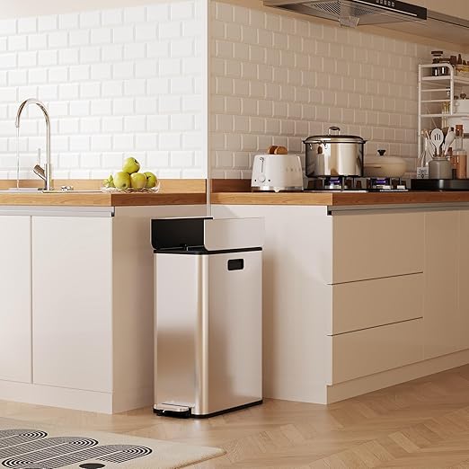 Garvee Kitchen Dual Trash Can, 15 gal Large Recycling Bin Garbage Can with Butterfly Lid, Fingerprint Resistant Stainless Steel Trash Bin for Kitchen, Living Room, Office (2 x 28 L)