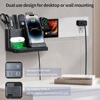 LADSTAG Desk Organizer with Phone Charger,Nightstand Desktop Organizer,Office Supplies Desk Accessories,Pen Holder Remote Control Holder,Black Leather Organizer With Charging Station (black)