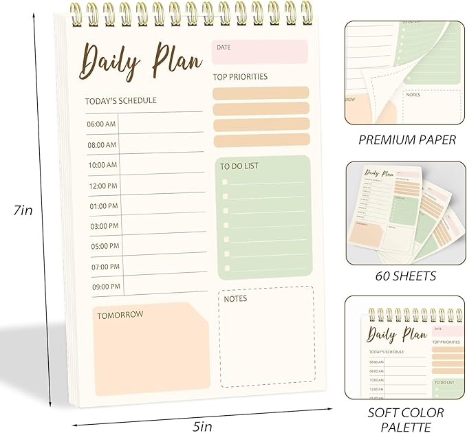Tlenpo To Do List Notepad, 60 Sheets Daily Planner Notebook Organizer, Portable Spiral Notepad Perfect for Daily Tasks and Goal Setting, Office Products and School Supplies, 5 x 7 Inch