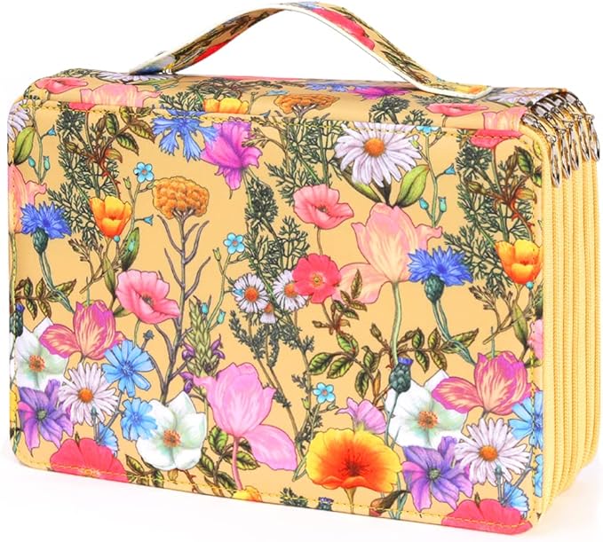 Vomgomfom Colored Pencil Case - Large Capacity 252 Slot Pencil Organizer with Zipper Closure, Twill Fabric Case for Watercolor Pens, Markers (Yellow Flower)