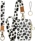 Cow Print Badge Holder,Leather Id Badge Holders with Breakaway Lanyards,Wallet Lanyards for Id Badges for Women Men Woker Office Nurse School Teacher Student