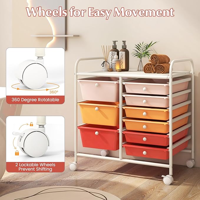 LDAILY 9 Drawer Rolling Storage Cart, Rolling Cart with Drawers for Classroom, Art Supply Craft Organizer on Wheel with Metal Frame & Handles for Home Office School