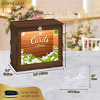 DIWNELEM Wooden Wedding Card Box with Lock&Light Large Letter Envelope Box Wedding Gift Card Box Money Box for Reception Baby Shower Birthday Party Graduation Decorations