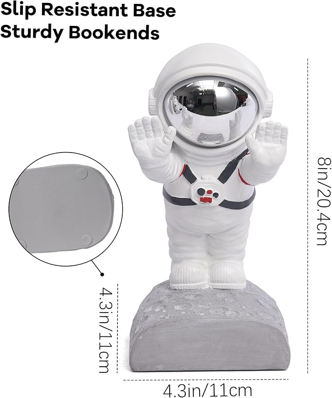 Kakizzy Book End Holder, Astronaut Bookends Outer Space Themed Astronaut Figurine Decorative Book Stoppers to Hold Books Heavy Duty Bookshelf Ends for Kids Rooms Space Decor Bookends (A-Silver Color)