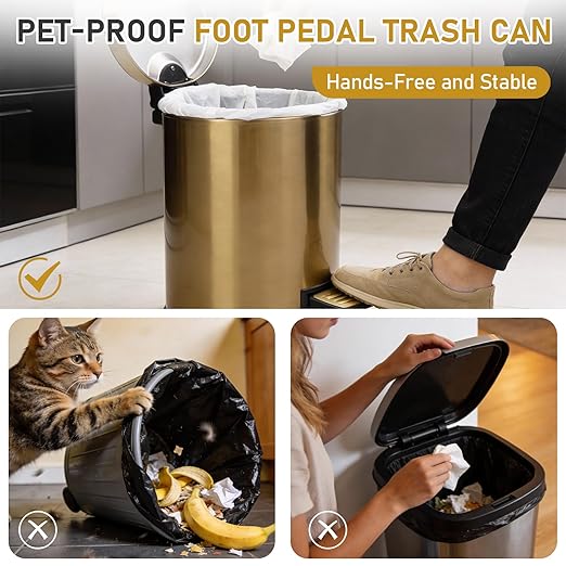 SIMPLYKLEEN Bathroom Trash Can with Lid - 2PC Oval Small Trash Can with Soft-Close Lid, Foot Pedal, Brushed Stainless Steel, Removable Liner, Garbage can for Kitchen, Office, Home Gold