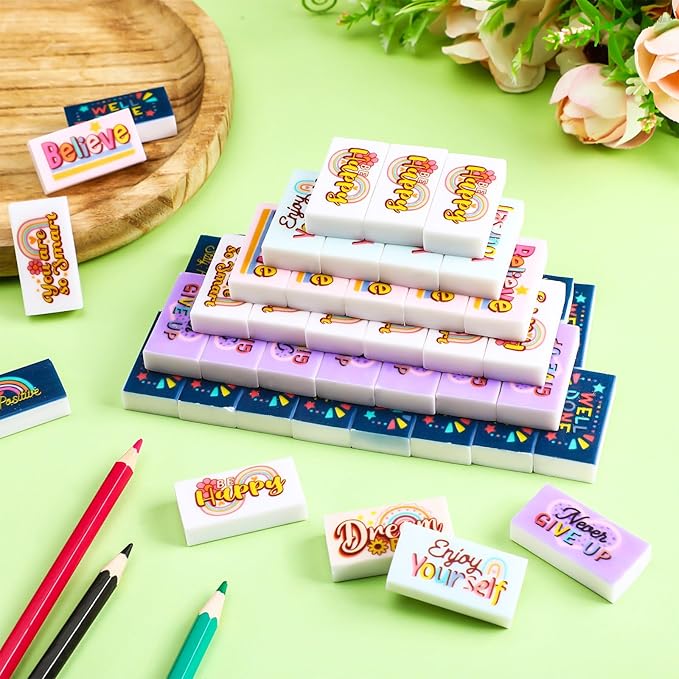 Dunzoom 100 Pcs Inspirational Pencil Erasers Bulk for Kids Fun Motivational Eraser School Supplies Back to School Office Supplies for Classroom Office Teacher Artists (Boho)