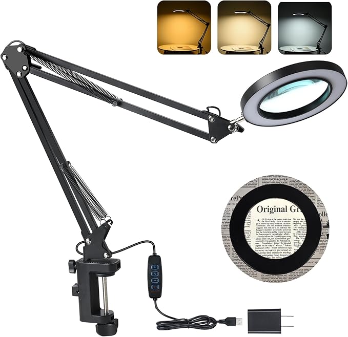 LED Magnifier Desk Lamp with Stand, 3 Color Modes & Stepless Dimming 5-Diopter Glass Lens, Adjustable Swivel Arm - Magnifying lamp for Close Work, Repair, Crafts, Reading - Long