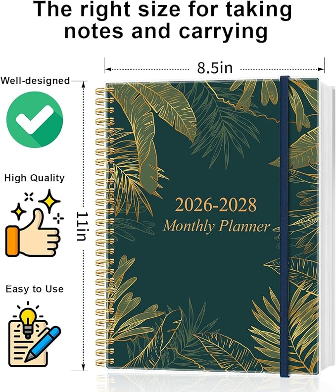 2026-2028 Monthly Planner, Three Years Calendar from January 2026 - December 2028 with Spiral Binding, Inner Pocket, Elastic Closure, 38 Month Planner for Home | School | Office, 8.5" x 11", Green Gold Leaf