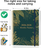 2026-2028 Monthly Planner, Three Years Calendar from January 2026 - December 2028 with Spiral Binding, Inner Pocket, Elastic Closure, 38 Month Planner for Home | School | Office, 8.5" x 11", Green Gold Leaf