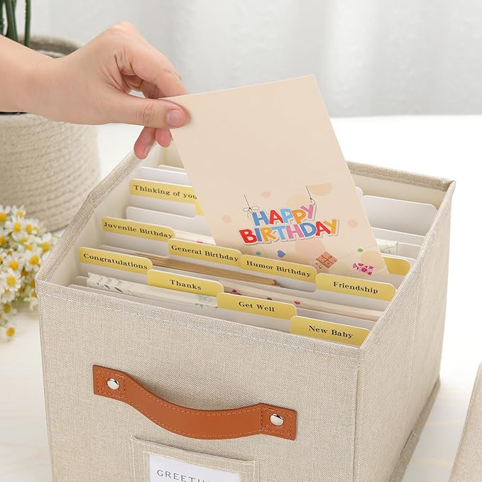 TARSUKA Greeting Card Organizer with dividers - Storage Box with lid Holds 150+ Cards - Assortment Box for Greeting Cards,Recipes, Photos, Envelopes, Keepsake - 9 x 9 x 7 Inches (Beige, 2 pcs)