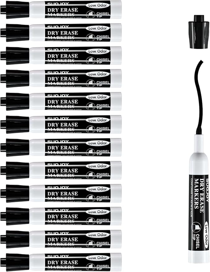 SUQJOY Dry Erase Markers, Chisel Tip Whiteboard Marker, Low Odor Thick Dry Markers, 12 Bulk Black Color Markers for office.
