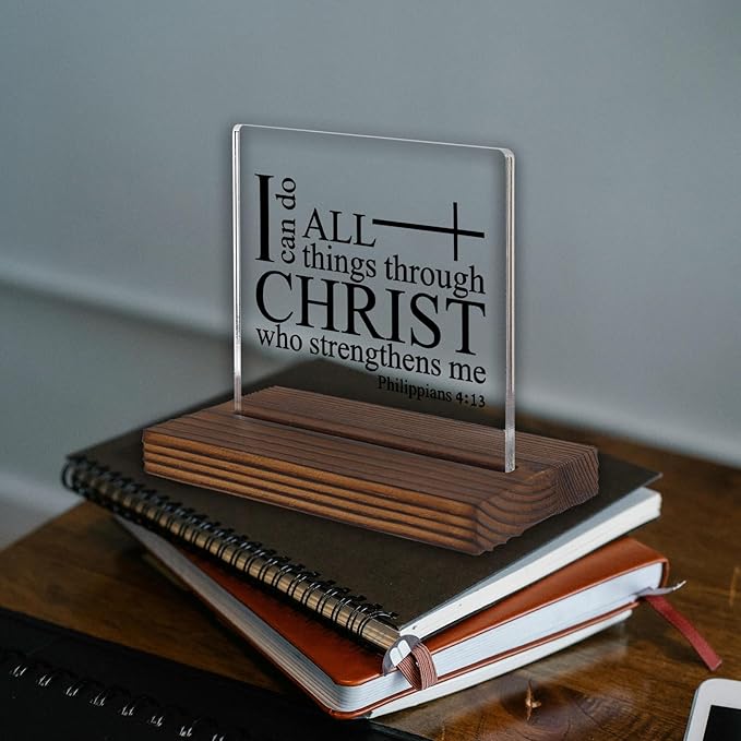 Philippians 4:13 Desk Sign, Christian Bible Verse Decor I Can Do All Things Through Christ Gift for Women Men, Inspirational Faith Plaque for Office, Birthday, Baptism, Retirement, Christmas PA132