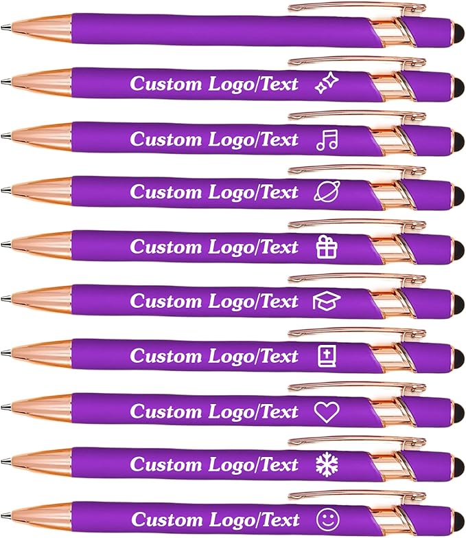 CRME Bulk Custom Personalized Pens with Business Logo Retractable Ballpoint Pen with Stylus tip Smooth Writing Black Ink for School Supplies Teacher Supplies Desk Accessories School Birthday,Purple