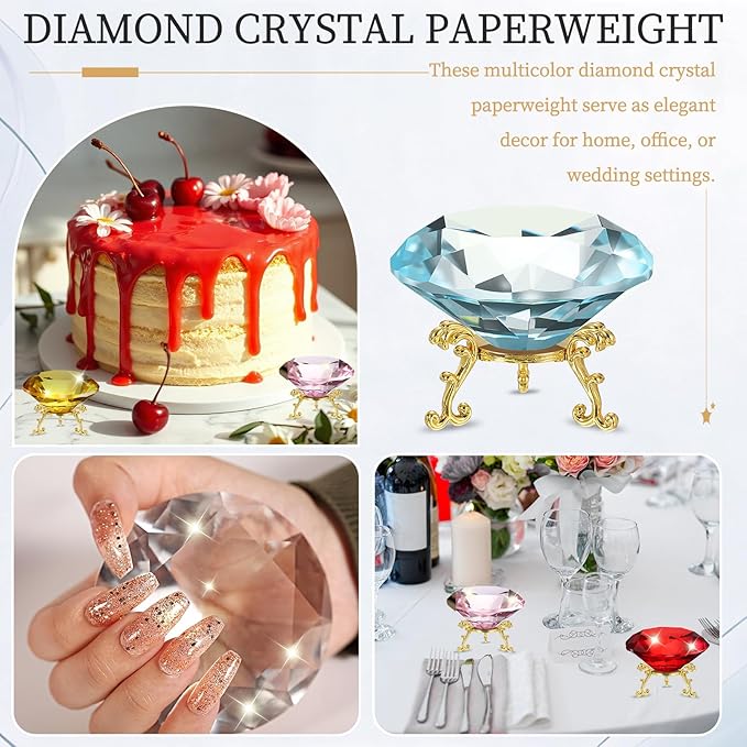 PATIKIL Diamond Crystal Paperweight, 100mm / 3.94" Crystal Paperweight Paper Weight with Gold 25 Metal Base for Home Office Desktop Table Decor Wedding Party Ornaments, Lake Blue